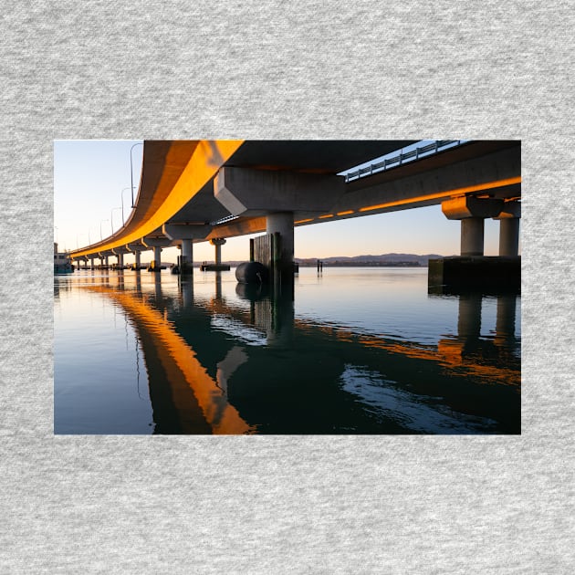 Morning sun strikes side Tauranga Harbour Bridge in golden hue reflected leading lines into calm water below by brians101